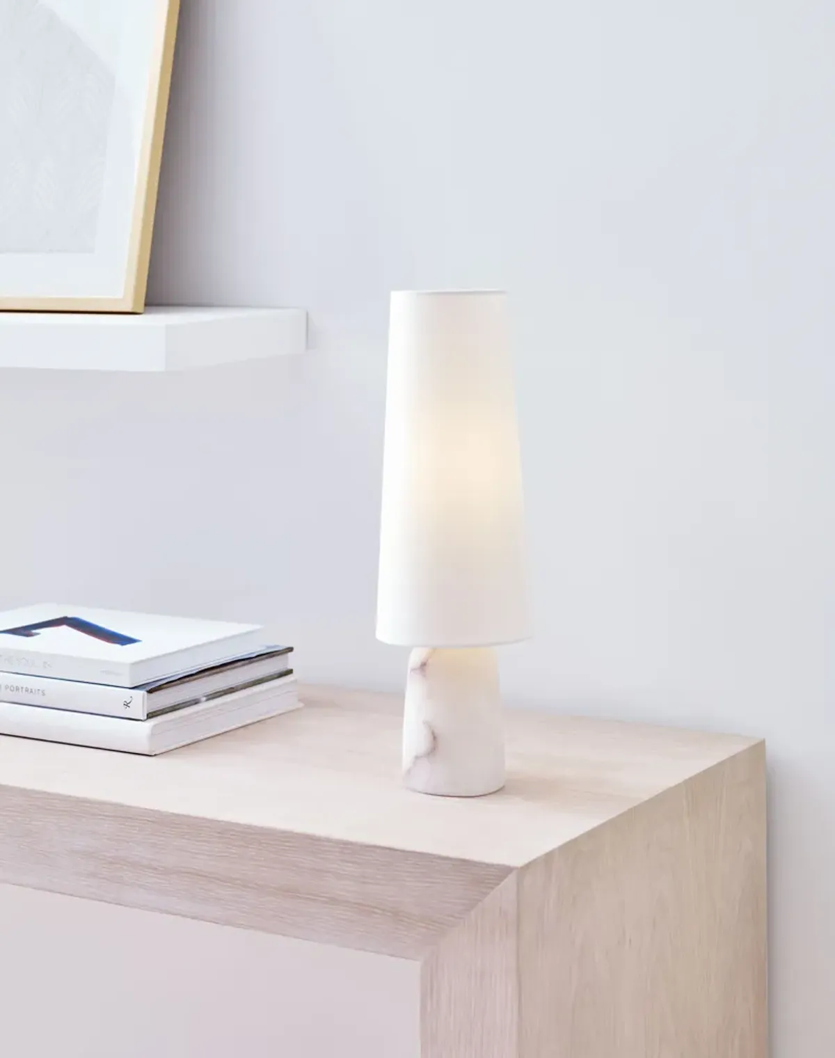 Jinny Medium Table Lamp in Alabaster with Linen Shade