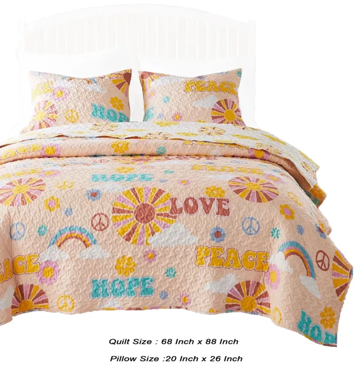 Berlin 2 Piece Microfiber Rainbows and Clouds Print Twin Quilt Set, Beige - Benzara