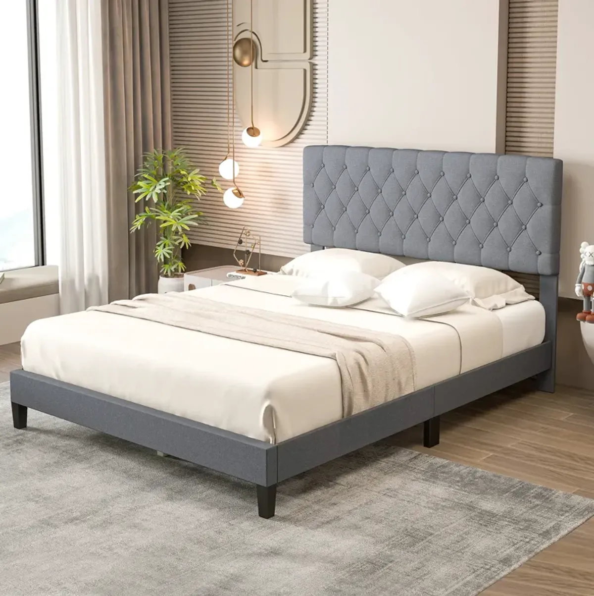 Queen Size Upholstered Platform Bed with Button Tufted Headboard-Queen