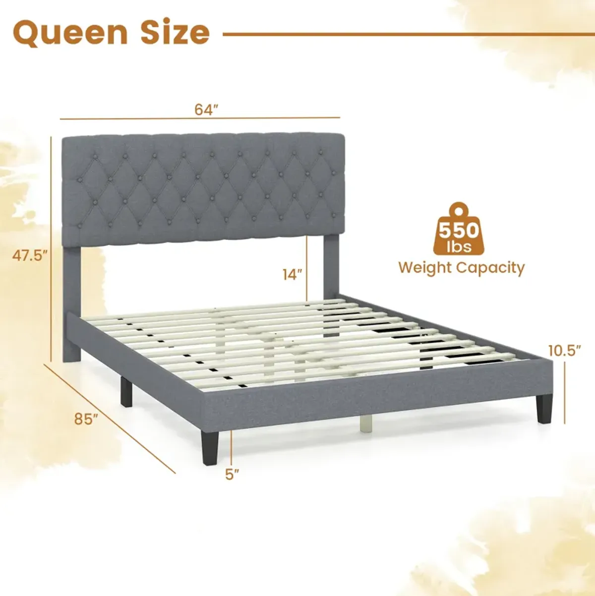 Queen Size Upholstered Platform Bed with Button Tufted Headboard-Queen