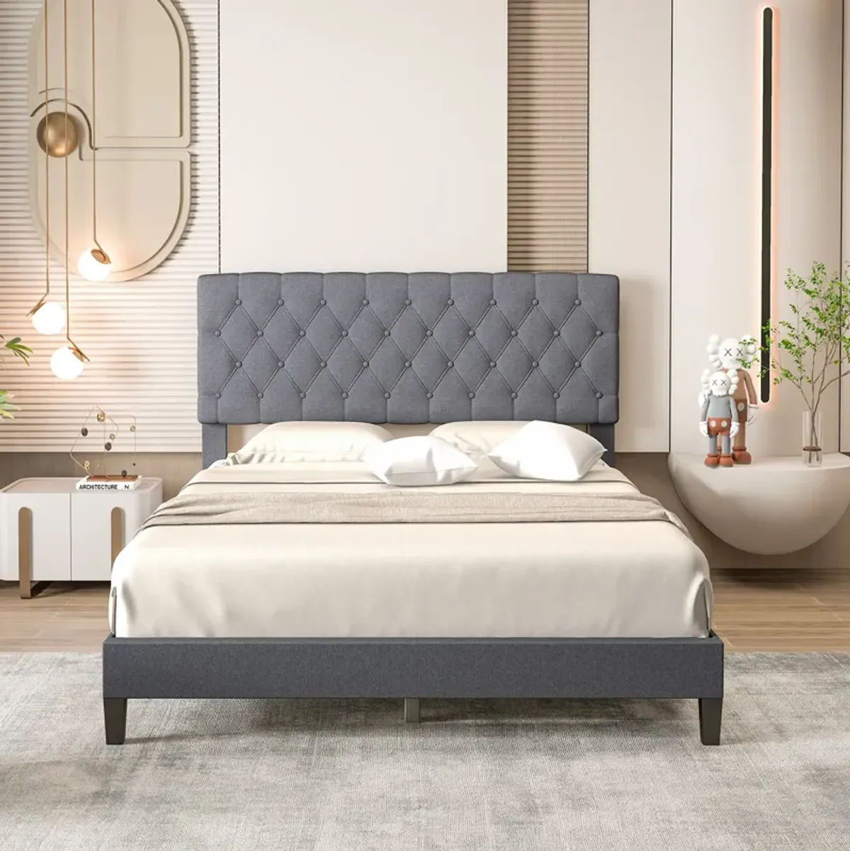 Queen Size Upholstered Platform Bed with Button Tufted Headboard-Queen