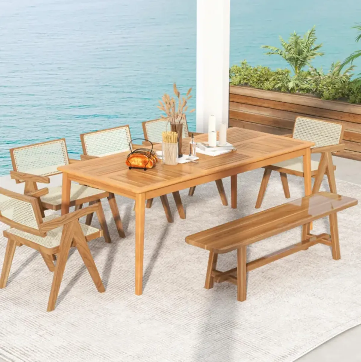 Hivvago 8-Person Outdoor Acacia Wood Dining Rectangular Bistro Table with Umbrella Hole