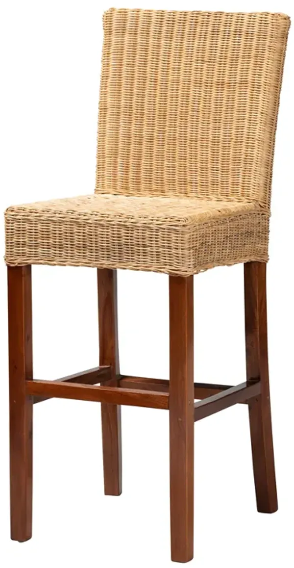 Baxton Studio Racquel Modern Bohemian Natural Rattan and Mahogany Wood Bar Stool
