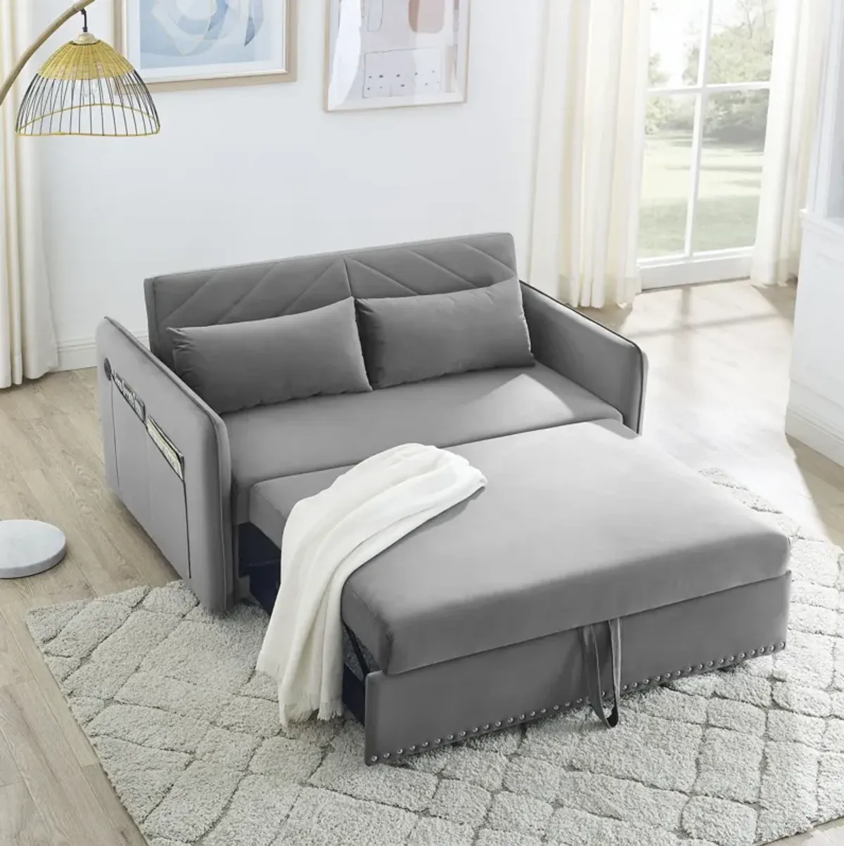 Pull-Out Sofa Sleeper, 3-In-1 Adjustable Sleeper With Pull-Out Bed, 2 Lumbar Pillows And Side