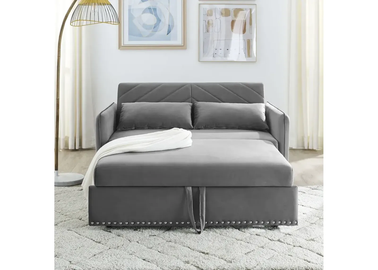 Pull-Out Sofa Sleeper, 3-In-1 Adjustable Sleeper With Pull-Out Bed, 2 Lumbar Pillows And Side