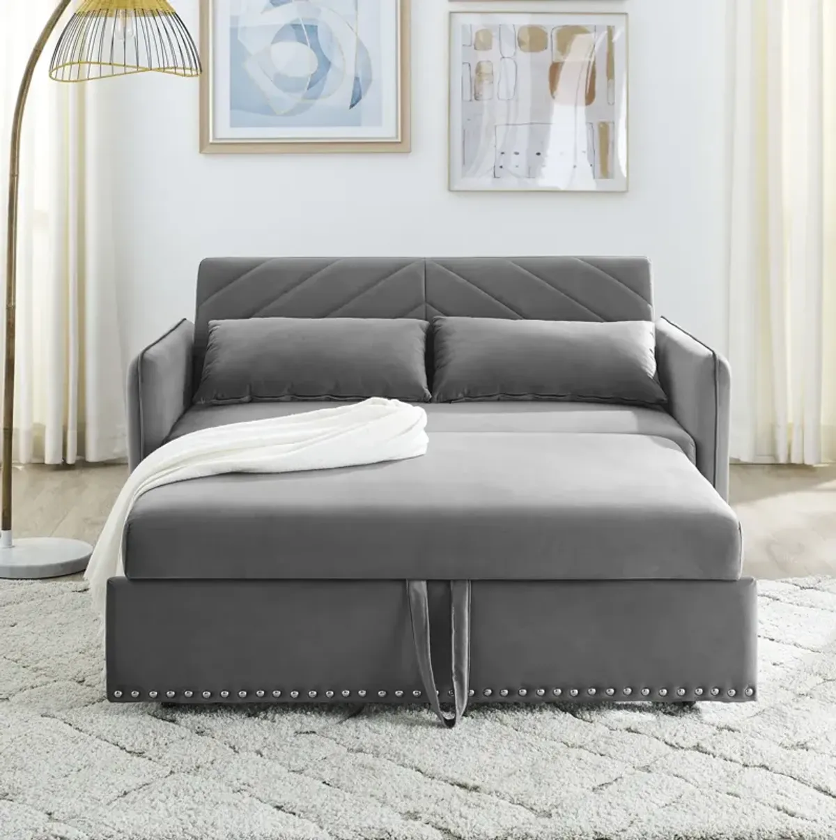 Pull-Out Sofa Sleeper, 3-In-1 Adjustable Sleeper With Pull-Out Bed, 2 Lumbar Pillows And Side