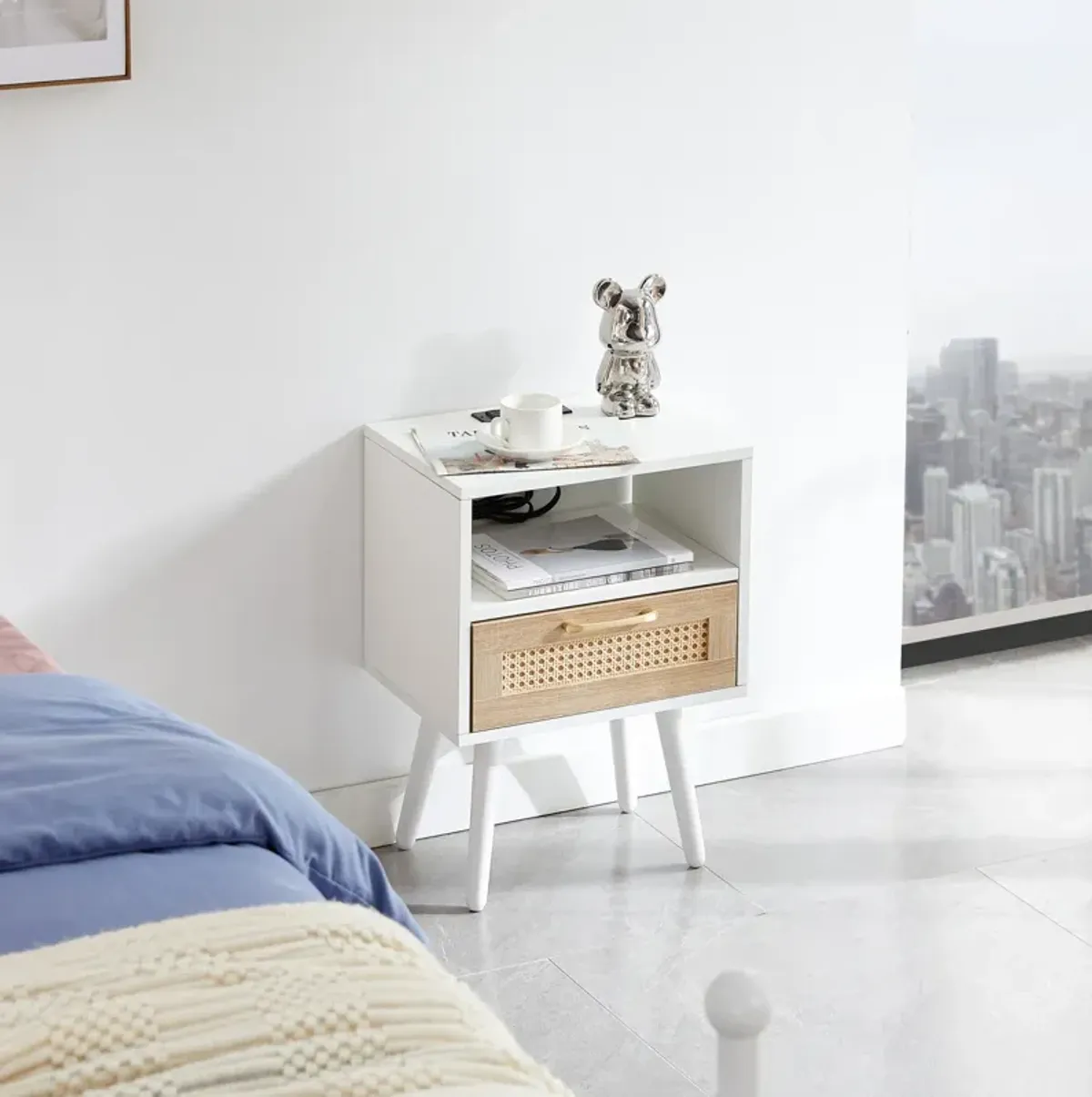 Rattan End table with Power Outlet & USB Ports , Modern nightstand with drawer and solid wood legs, side table for living roon, bedroom, white