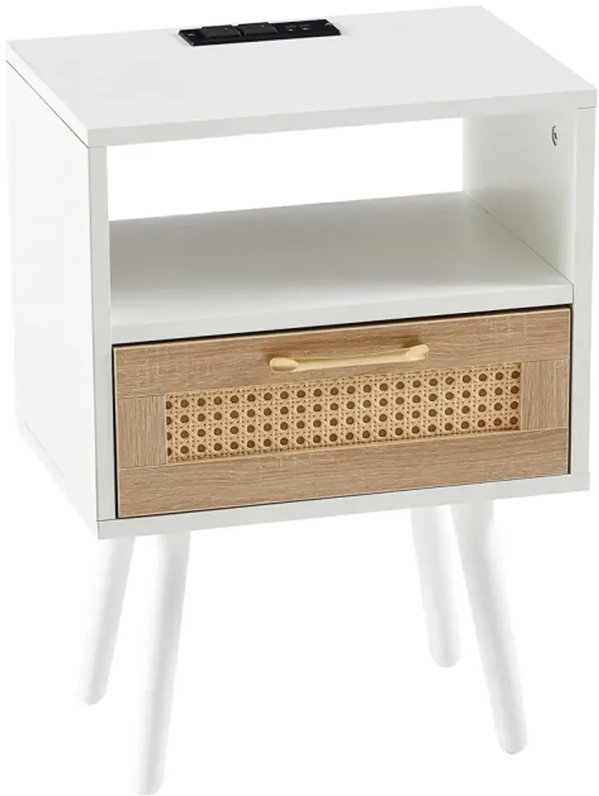 Rattan End table with Power Outlet & USB Ports , Modern nightstand with drawer and solid wood legs, side table for living roon, bedroom, white