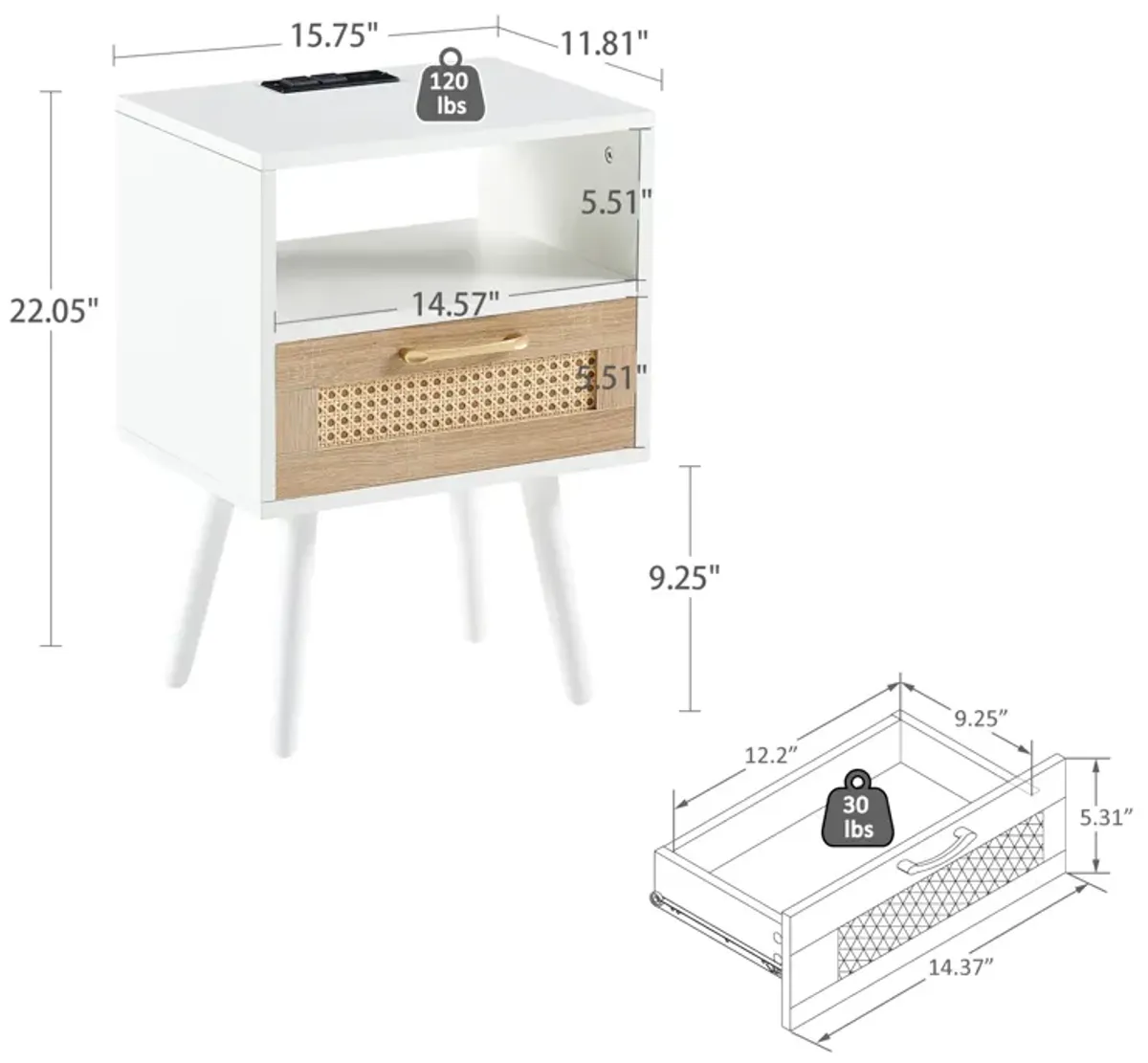 Rattan End table with Power Outlet & USB Ports , Modern nightstand with drawer and solid wood legs, side table for living roon, bedroom, white