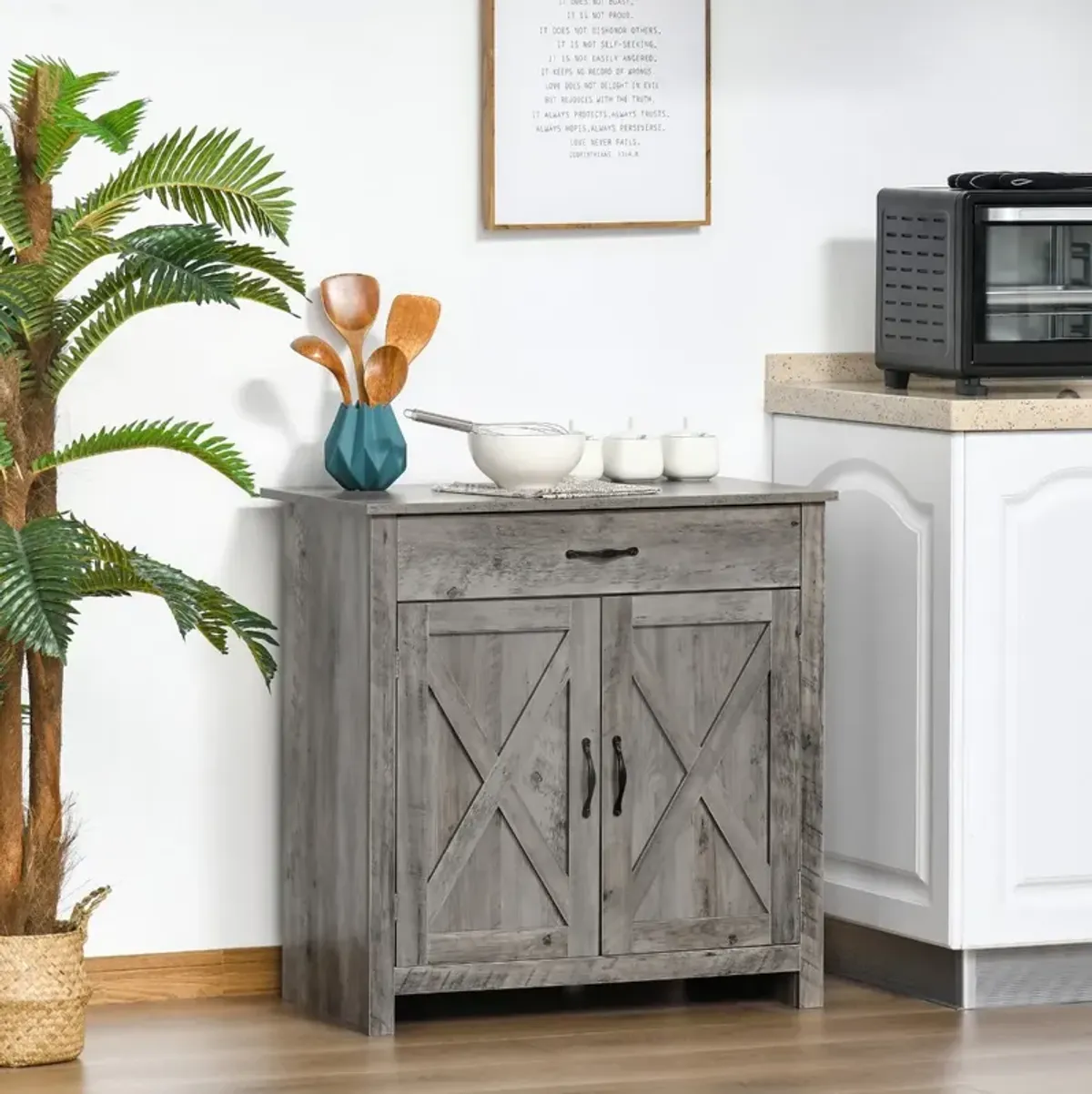 Gray Wash Farmhouse Buffet: 32" Sideboard with Barn Door Style