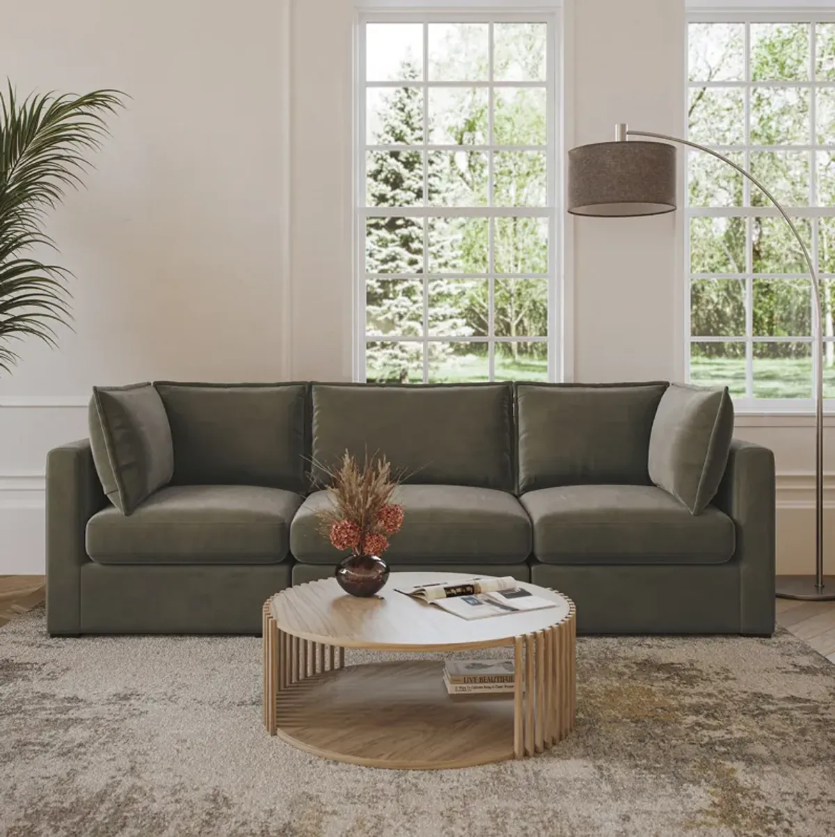 Bennett 3 Piece Flange Seam Modular Sofa  - Olive Green Velvet