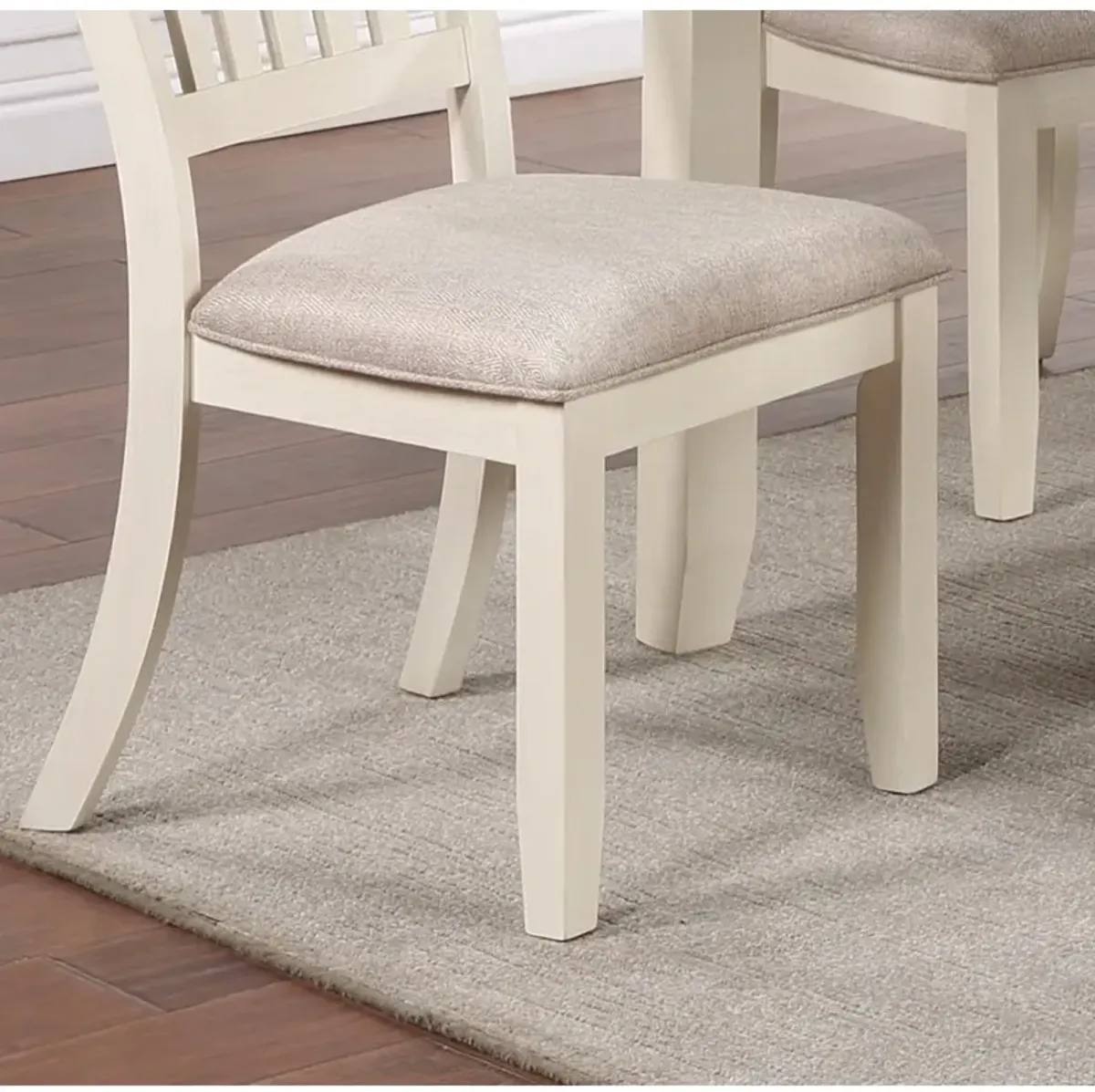 2 White Classic Dining Chairs with Beige Fabric Seats