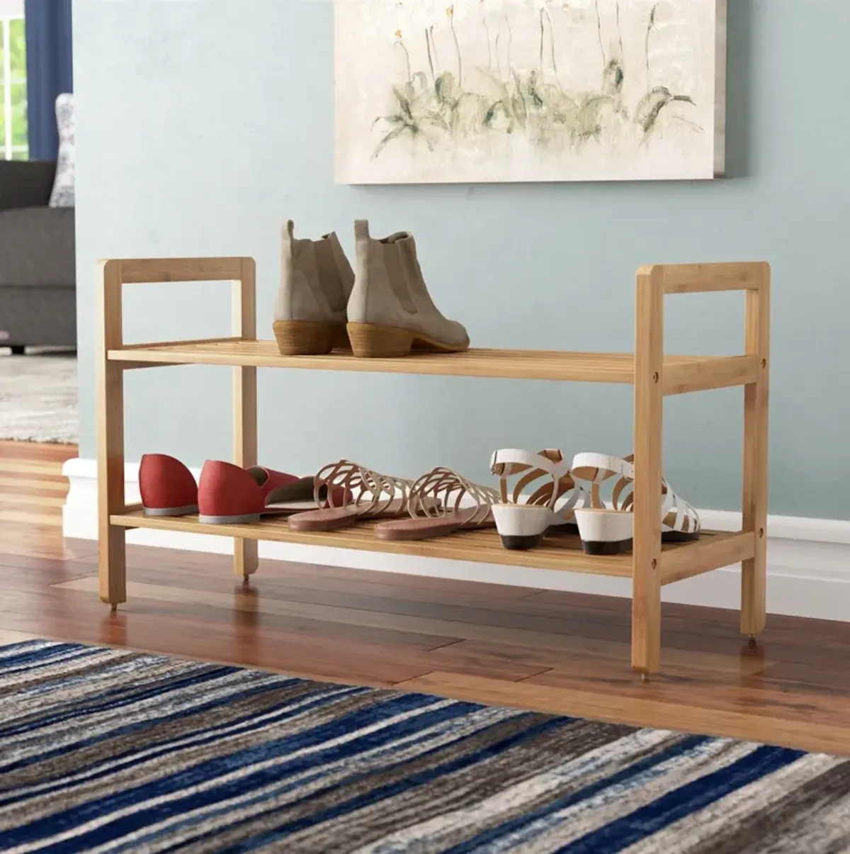 Modern Bamboo 2 Shelf Shoe Rack   Holds up to 8 Pair of Shoes