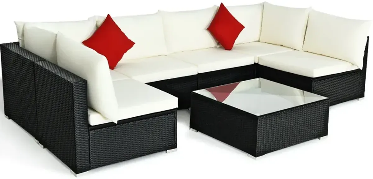 7 Pieces Sectional Wicker Furniture Sofa Set with Tempered Glass Top-Beige