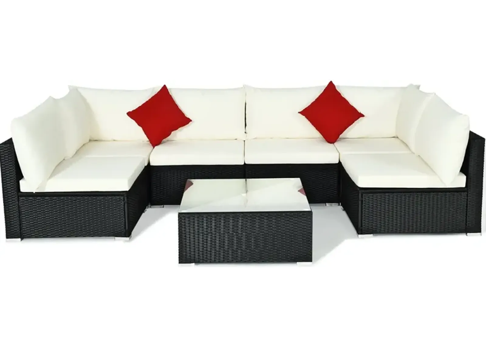 7 Pieces Sectional Wicker Furniture Sofa Set with Tempered Glass Top-Beige