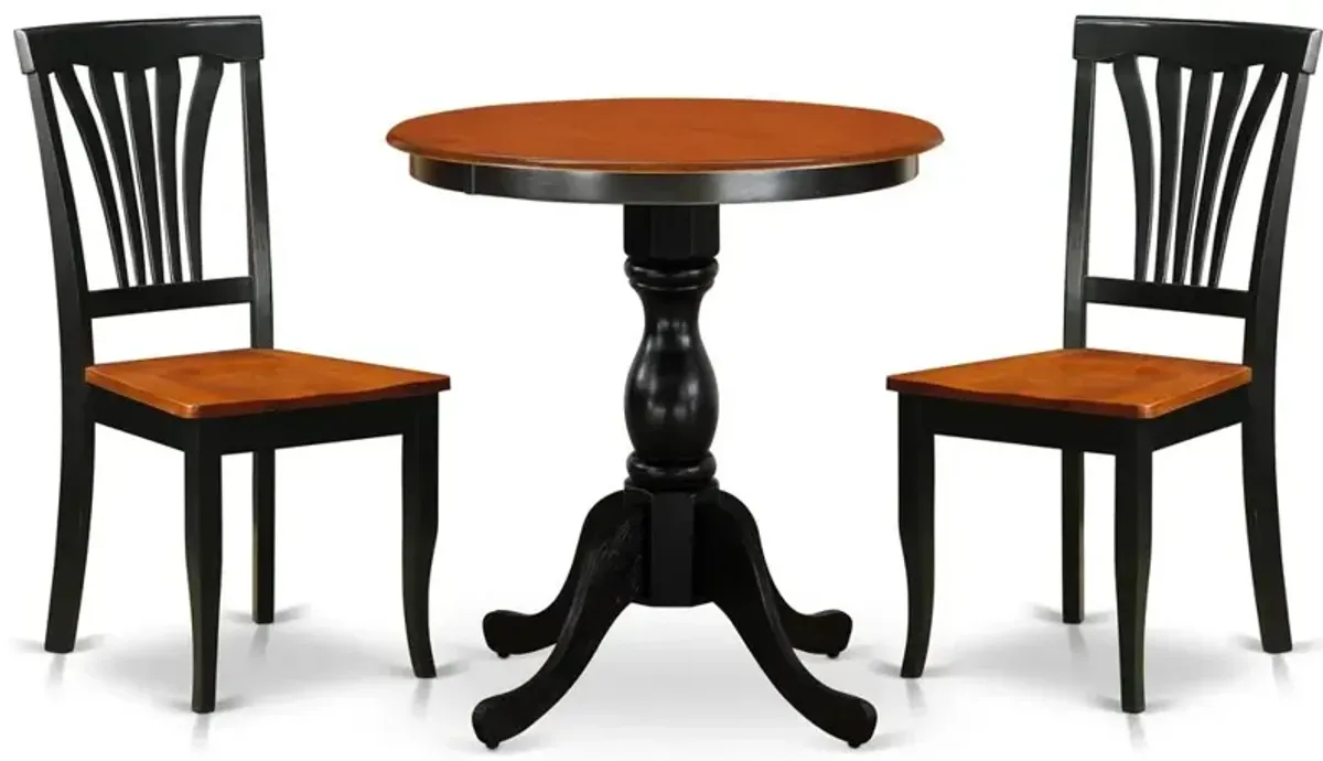 East West Furniture 3-Piece Dining Table Set Include a Modern Dining Table and 2 Dining Chairs with Slatted Back - Black Finish