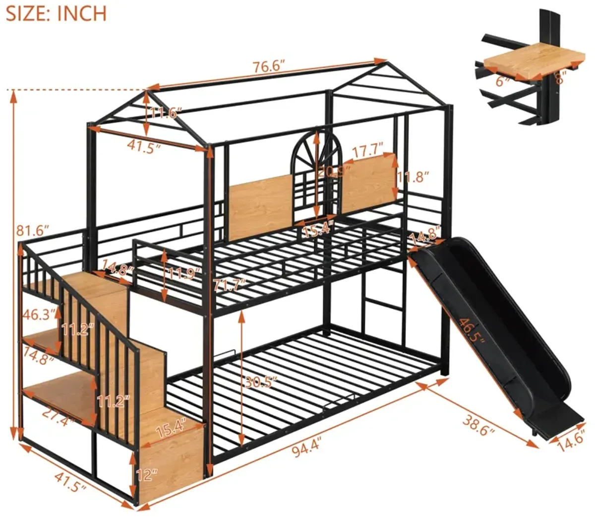 Twin Over Twin Metal Bunk Bed, Metal Housebed With Slide And Storage Stair Withslide