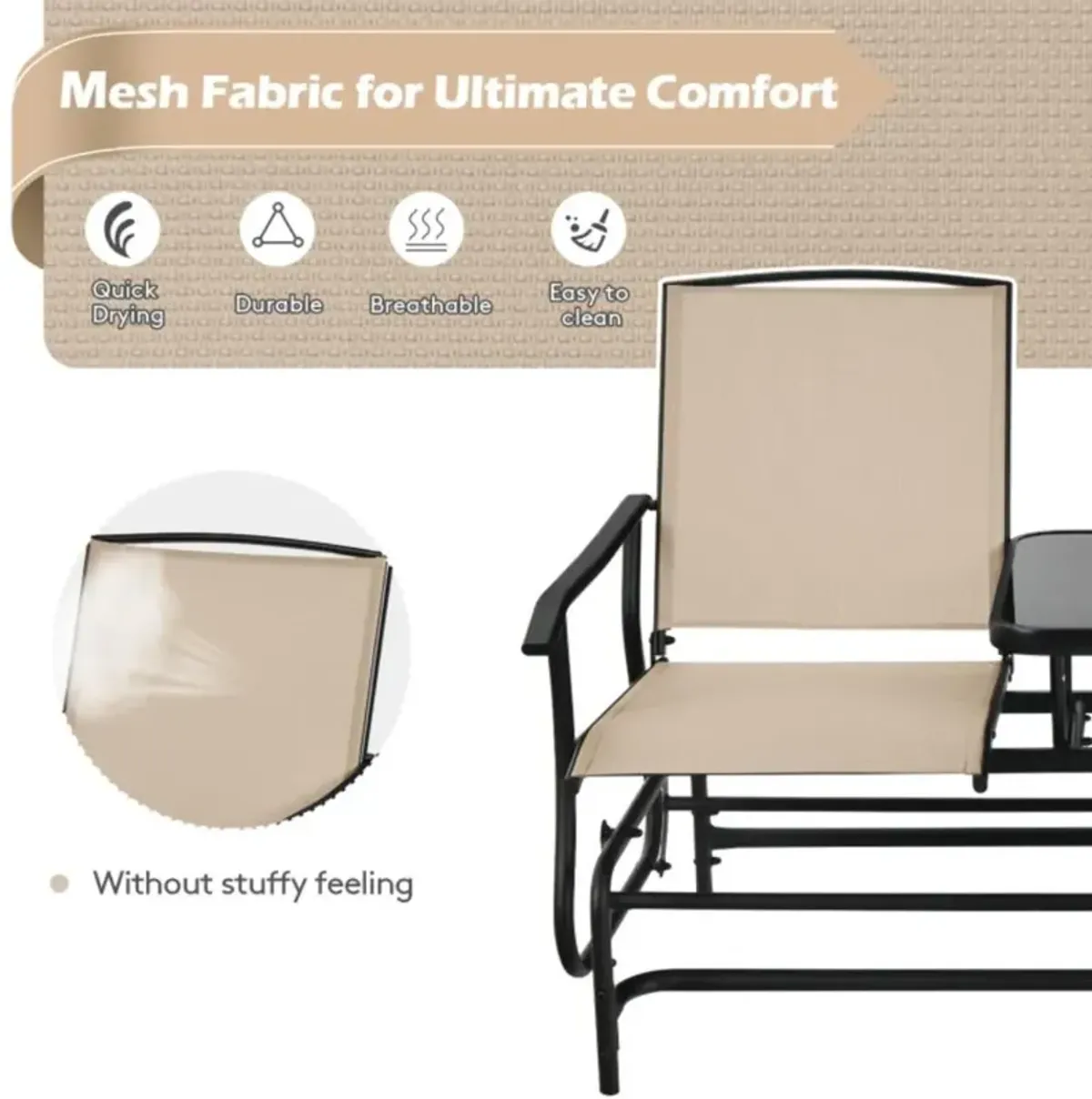 Hivvago 2-Person Double Rocking Loveseat with Mesh Fabric and Center Tempered Glass Table