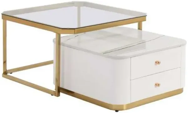 Modern 2-Piece White Square Nesting Coffee Table with Drawers and Gold Legs