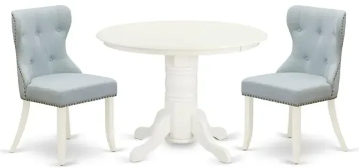 East-West Furniture SHSI3-WHI-15 - A dining room table set of 2 amazing kitchen chairs with Linen Fabric Baby Blue color and a gorgeous modern dining table with Linen White color