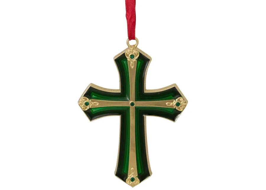 3.5" Green and Gold Layering Effect Cross Christmas Ornament with Crystals