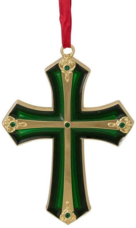 3.5" Green and Gold Layering Effect Cross Christmas Ornament with Crystals