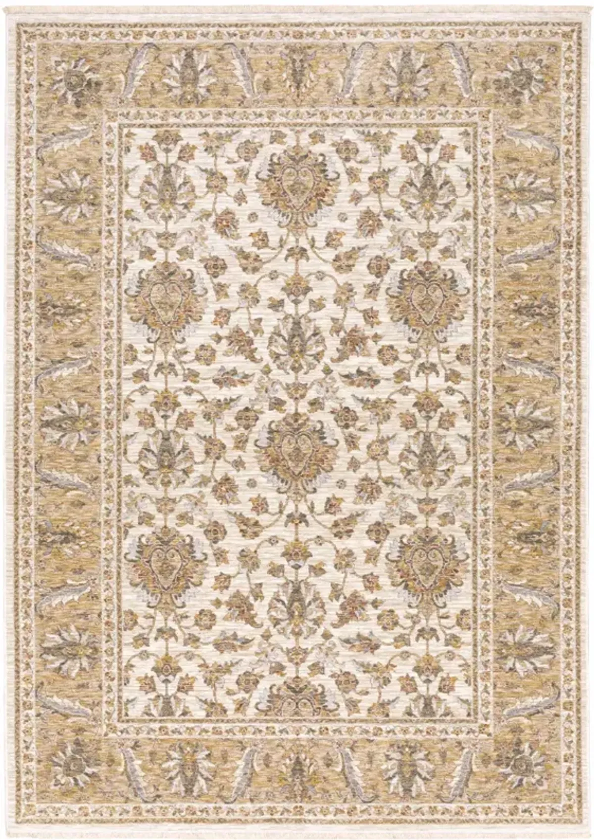 3 X 5 Ivory And gold Oriental Power Loom Stain Resistant Area Rug With Fringe