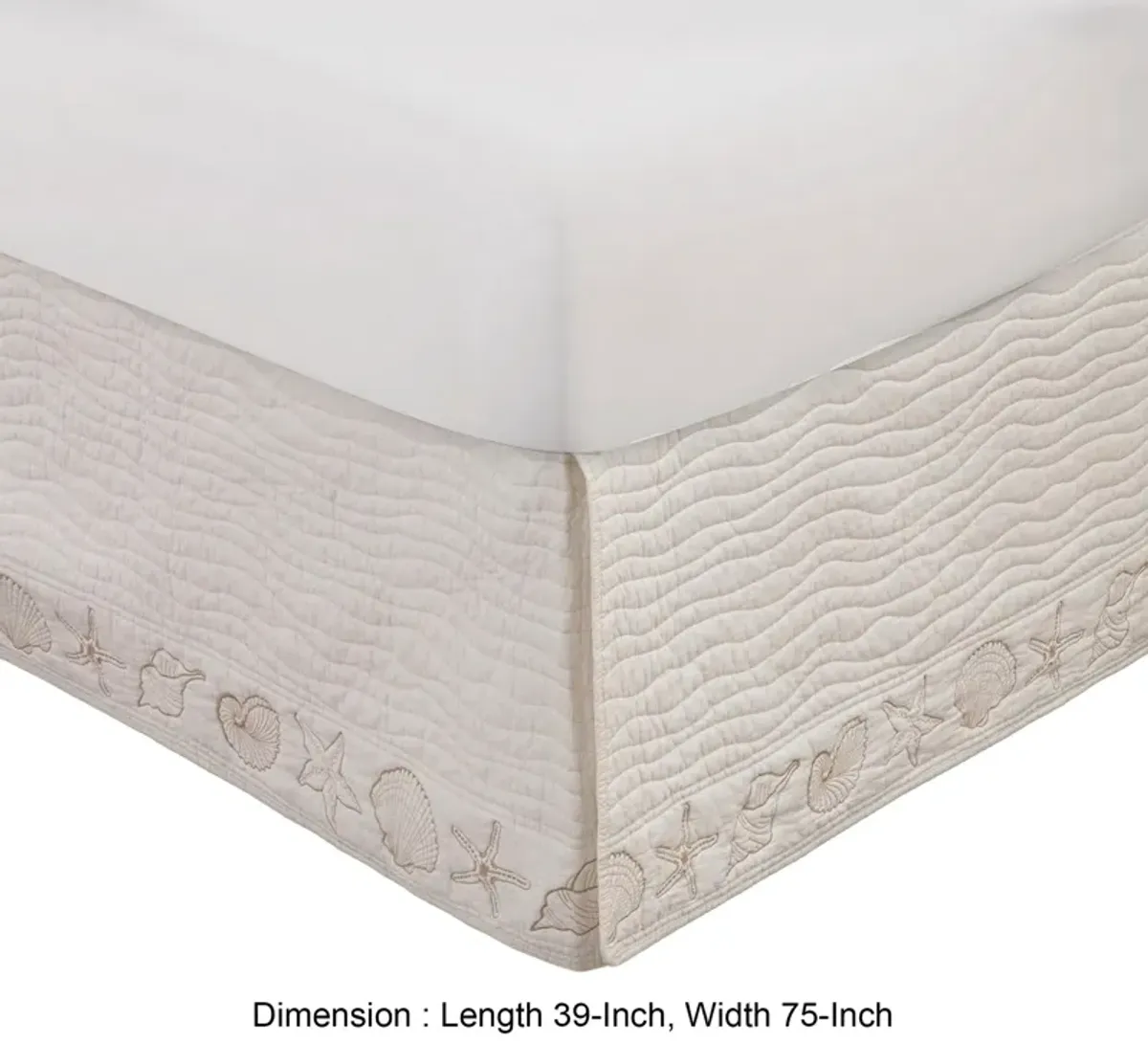 Sima Seashell Quilted Twin Bed Skirt, Cotton Fill, Triple Layered, Ivory - Benzara