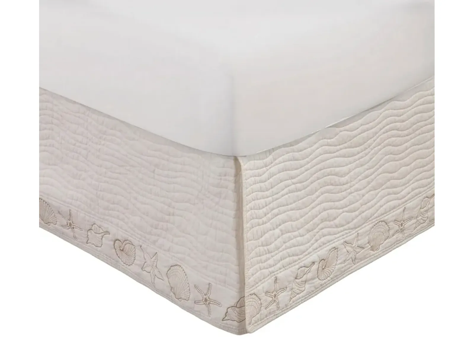 Sima Seashell Quilted Twin Bed Skirt, Cotton Fill, Triple Layered, Ivory - Benzara