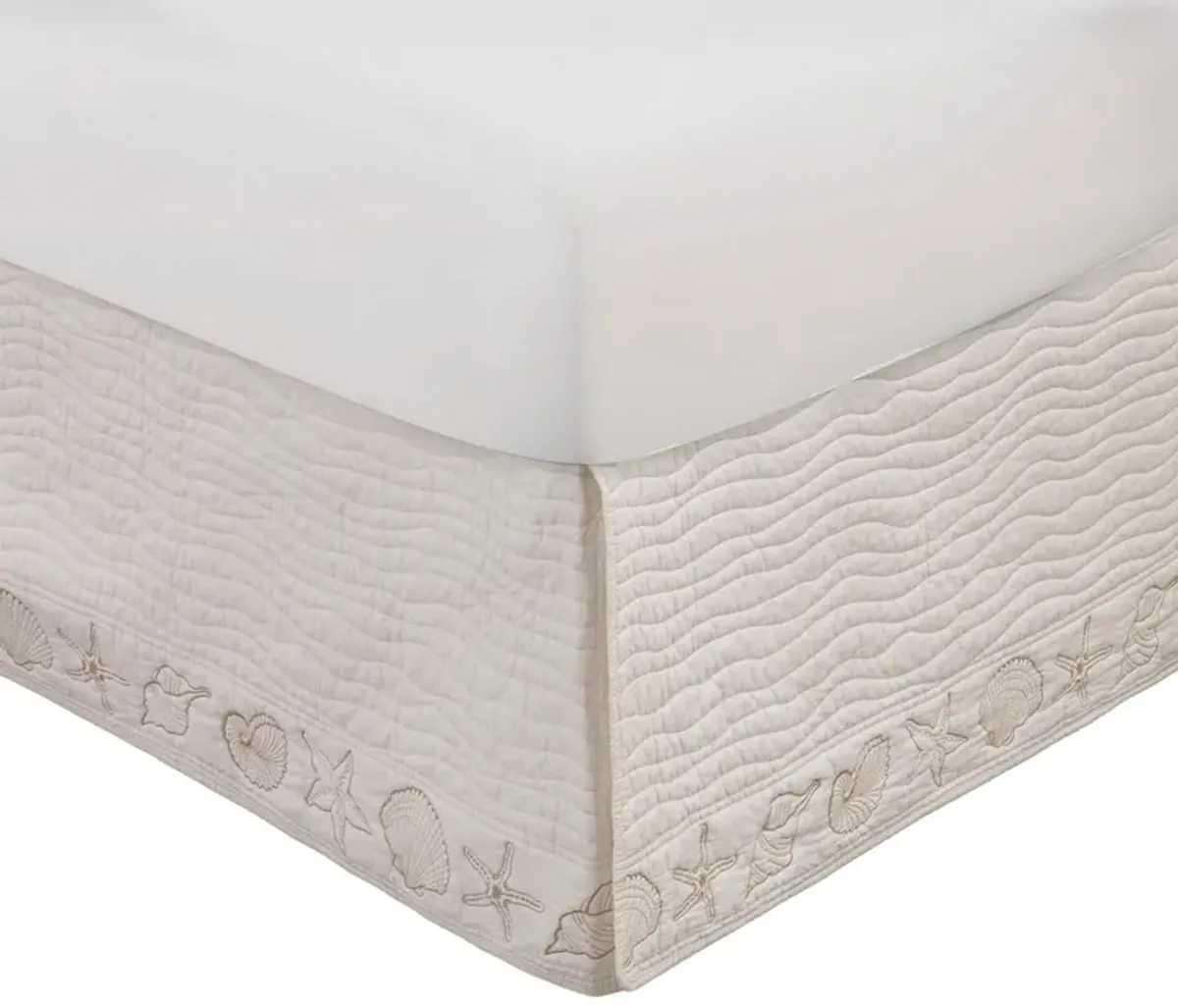 Sima Seashell Quilted Twin Bed Skirt, Cotton Fill, Triple Layered, Ivory - Benzara