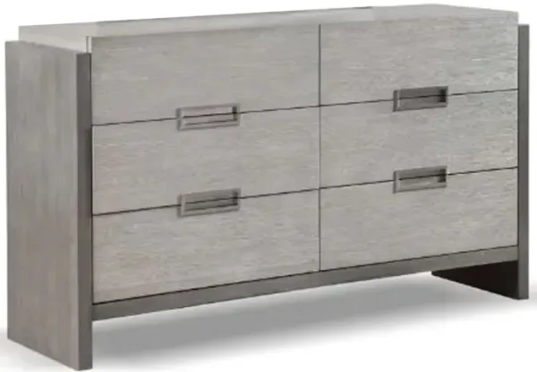 Rizvi Wide Dresser, 6 Drawers Bronze, Stone Gray Solid Wood 64 Inch - Benzara