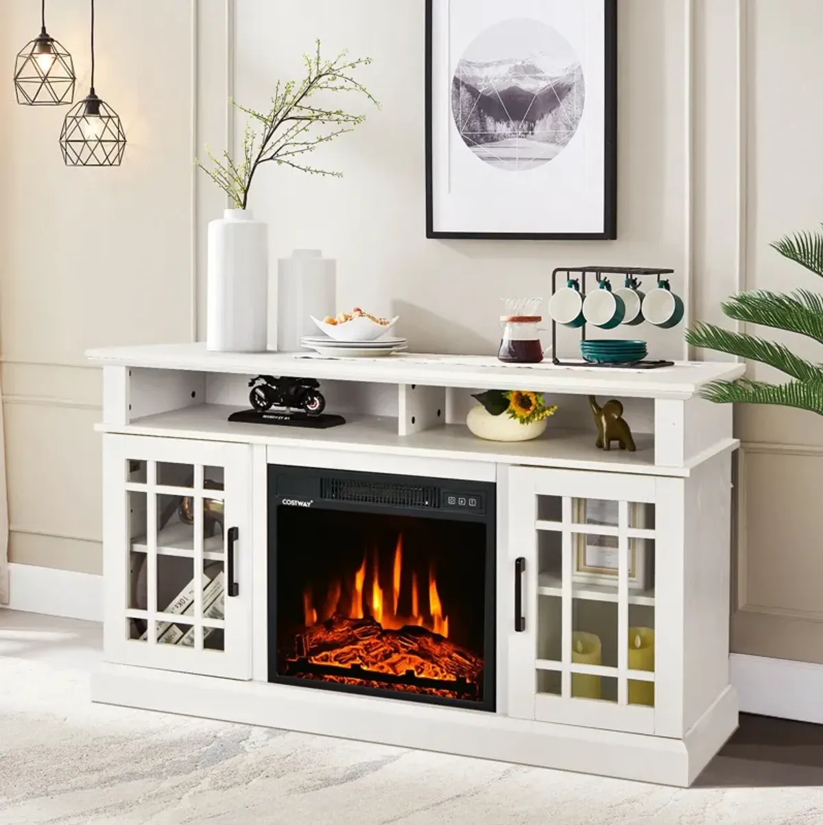 48 Inch Electric Fireplace TV Stand with Cabinets for TVs Up to 55 Inch-Natural