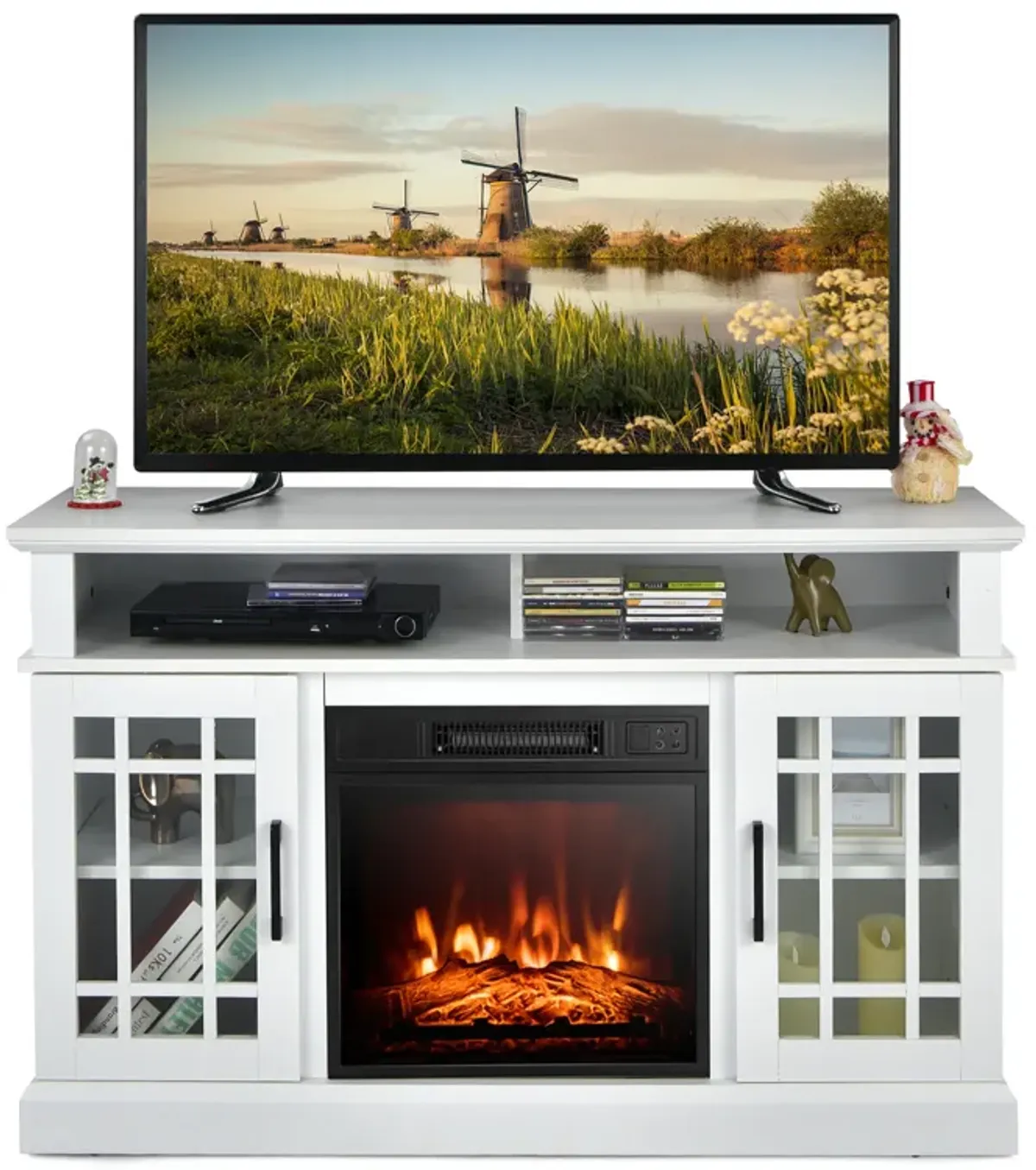 48 Inch Electric Fireplace TV Stand with Cabinets for TVs Up to 55 Inch-Natural