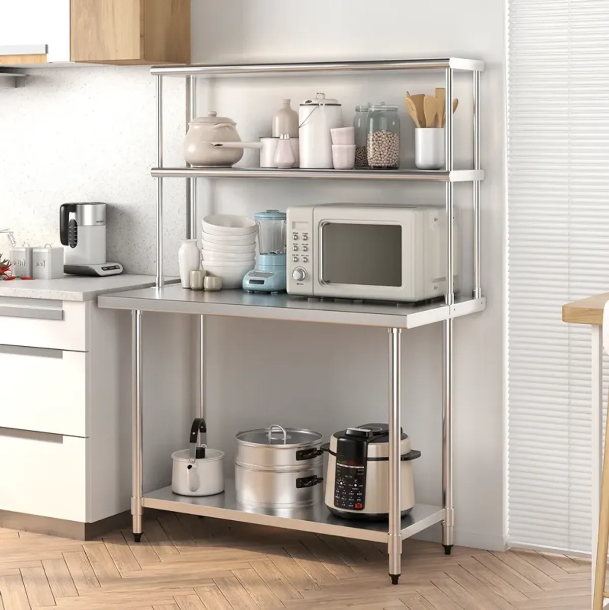 48 x 12 Inch Kitchen Stainless Steel Overshelf with Adjustable Lower Shelf