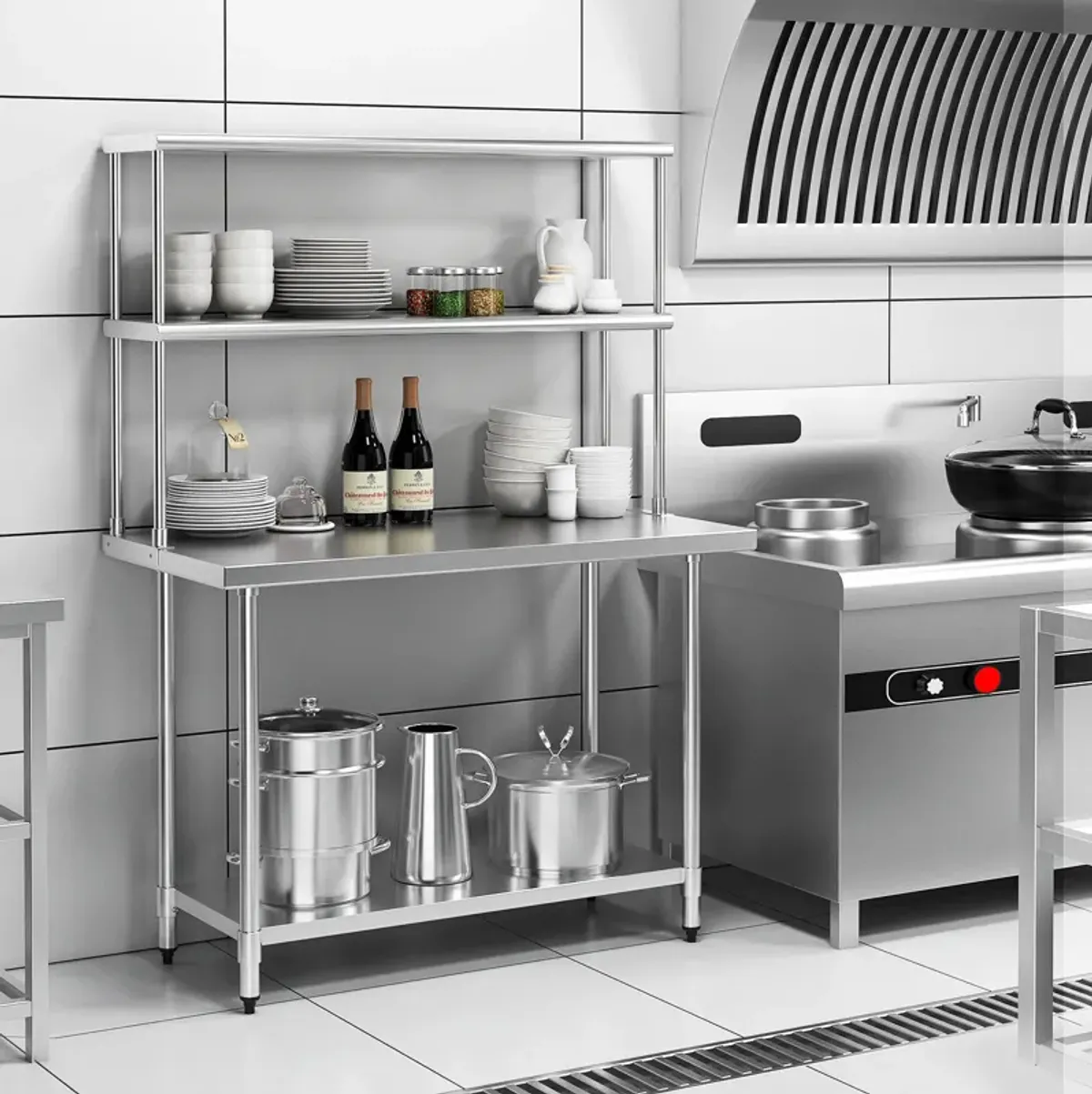 48 x 12 Inch Kitchen Stainless Steel Overshelf with Adjustable Lower Shelf