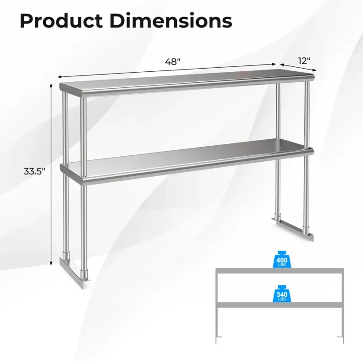 48 x 12 Inch Kitchen Stainless Steel Overshelf with Adjustable Lower Shelf