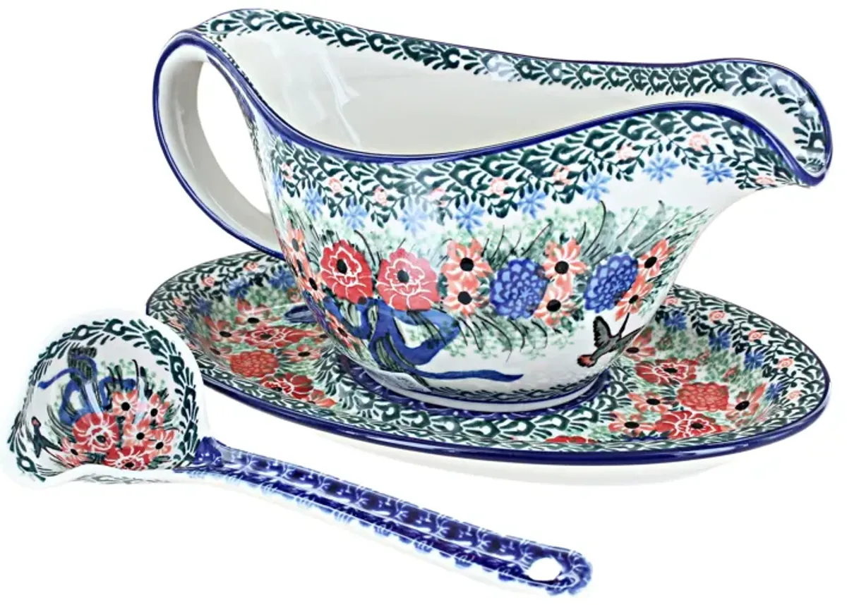 Blue Rose Polish Pottery Harvest Bounty Gravy Boat & Ladle