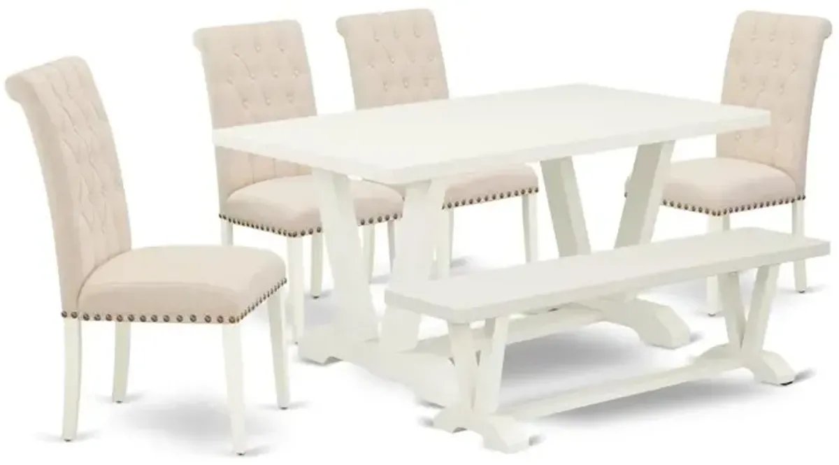 East West Furniture 6-Pc Wooden Dining Table Set-Light Beige Linen Fabric Seat and Button Tufted Chair Back Dining chairs, a Rectangular Bench and Rectangular Top Mid Century Dining Table with Wood Le