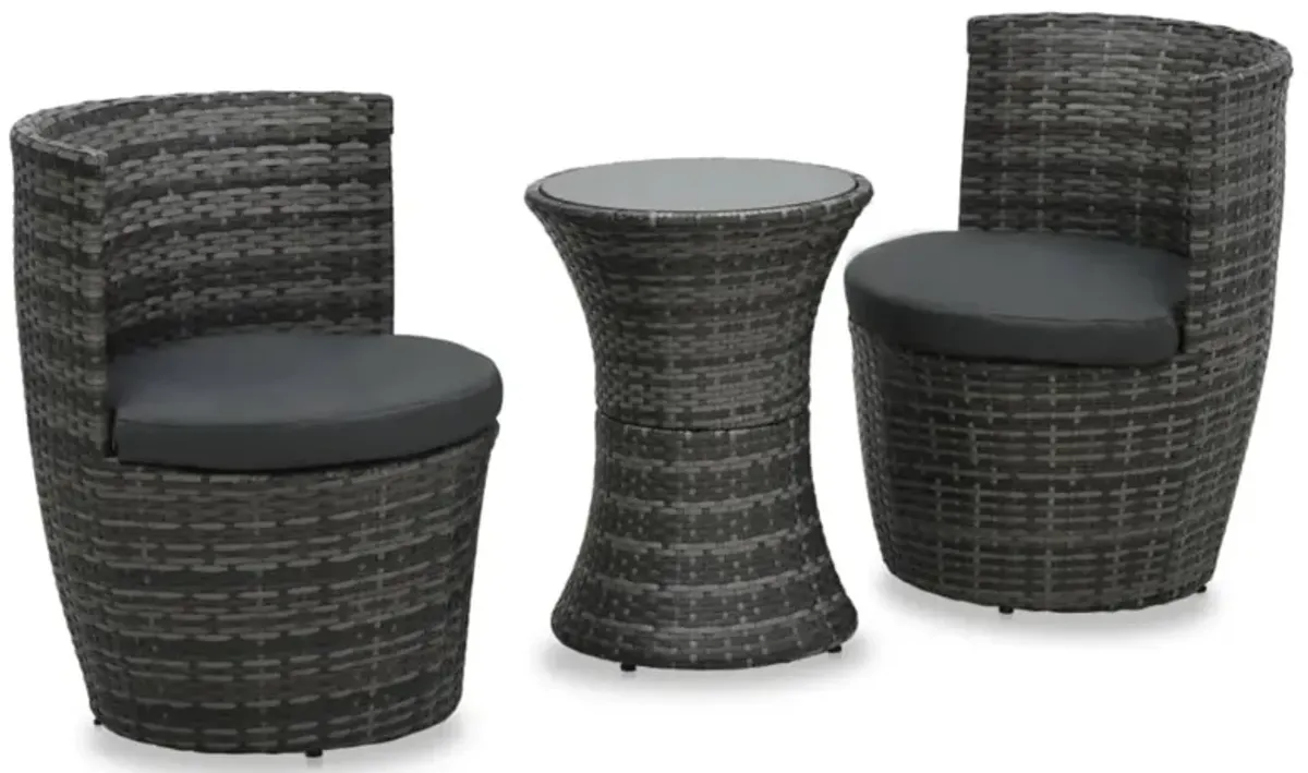 vidaXL 3 Piece Bistro Set with Cushions Poly Rattan Gray