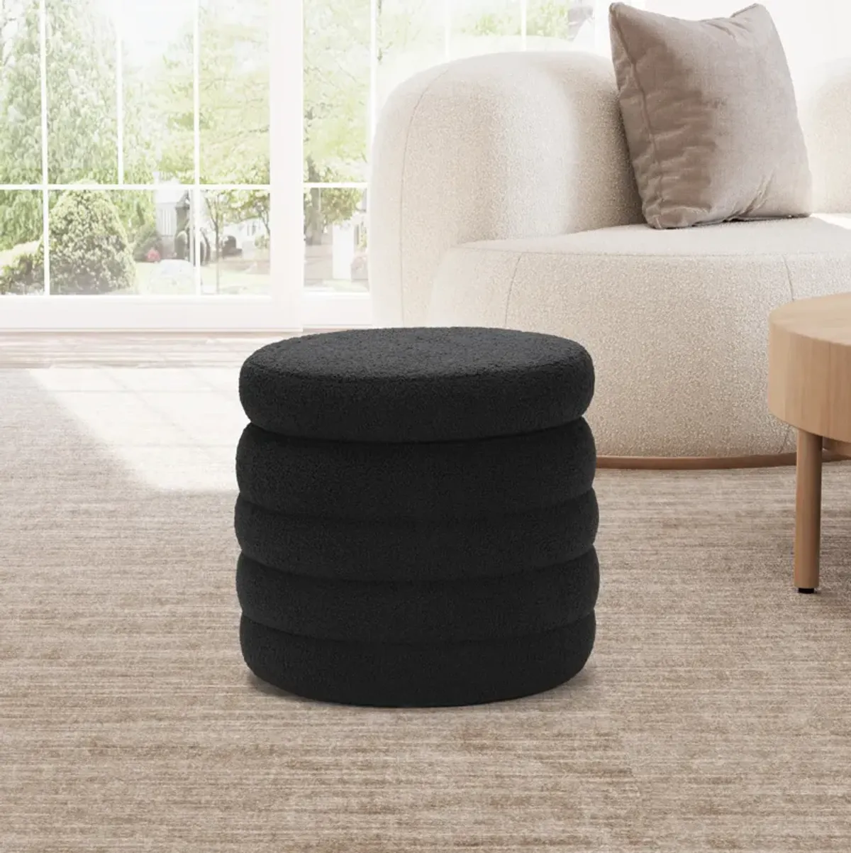 WestinTrends Mid-Century Modern Faux Sherpa Round Storage Ottoman