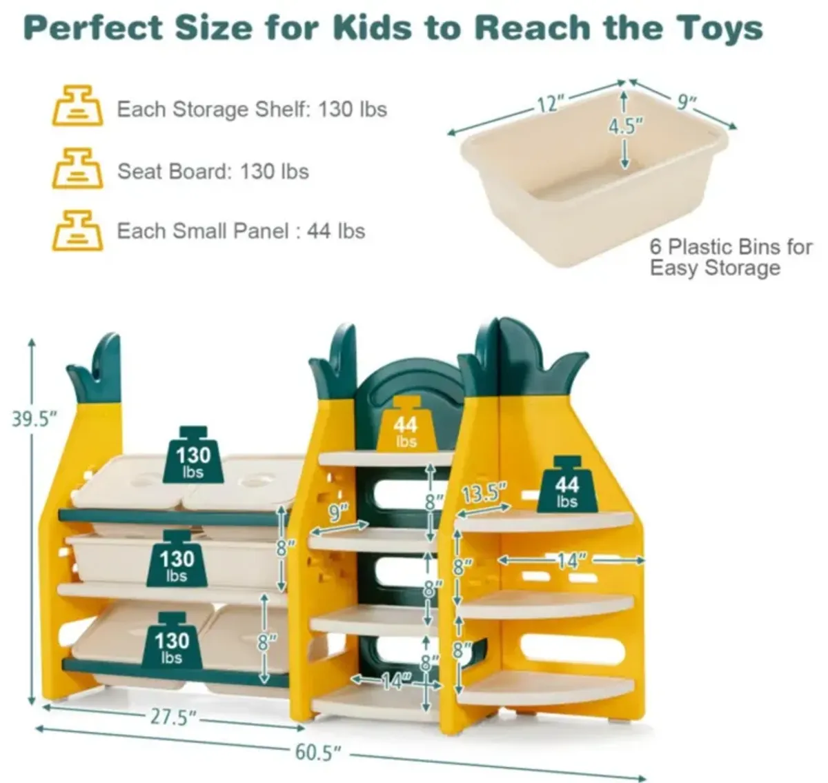 Hivvago 3-in-1 Kids Toy Storage Organizer with Bookshelf Corner Rack