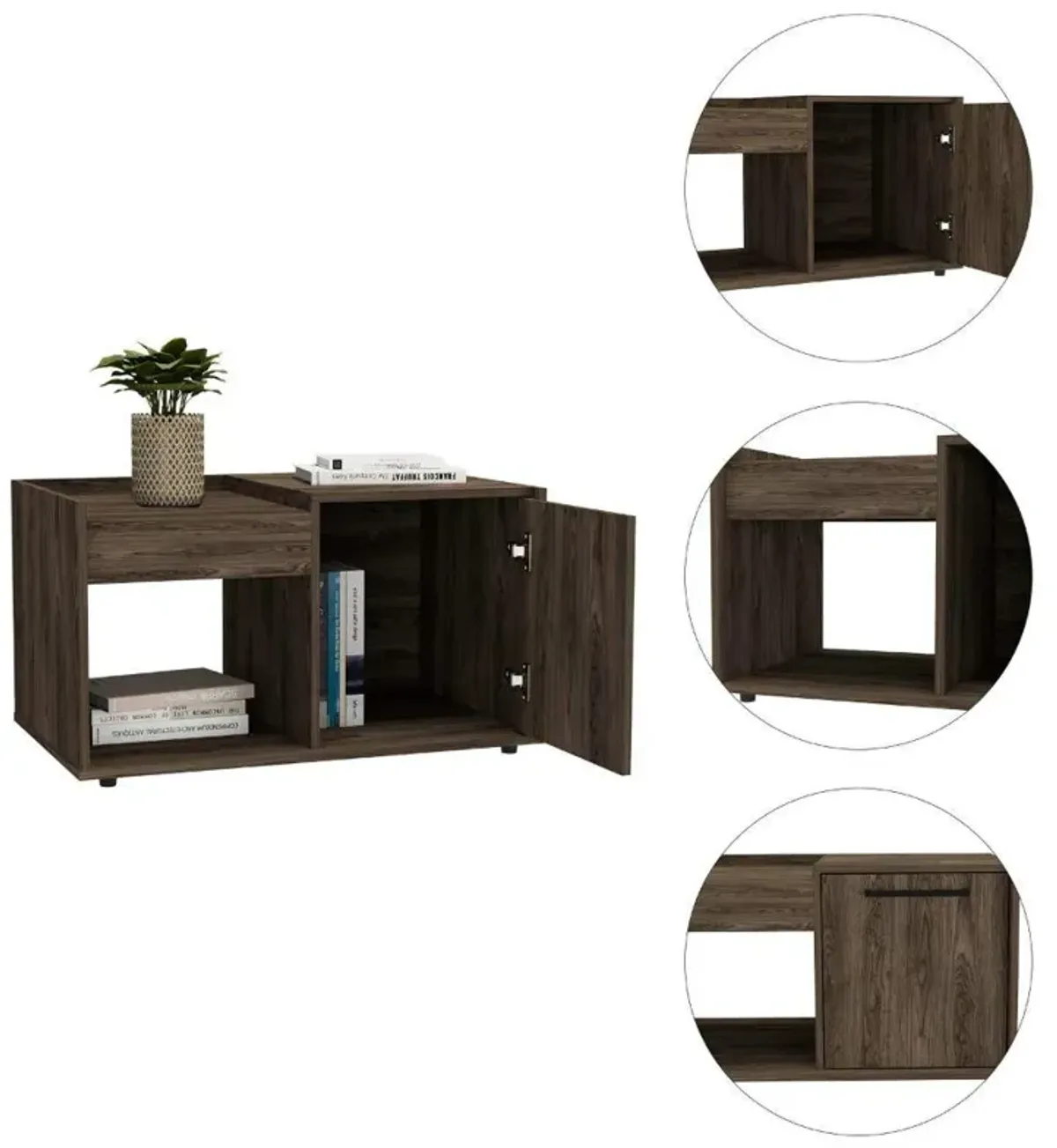 DEPOT E-SHOP Ambar Coffee Table, One Open Shelf, One-Door Cabinet, Countertop- Dark Walnut, For Living Room