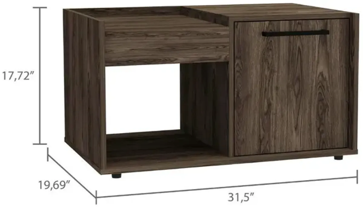 DEPOT E-SHOP Ambar Coffee Table, One Open Shelf, One-Door Cabinet, Countertop- Dark Walnut, For Living Room