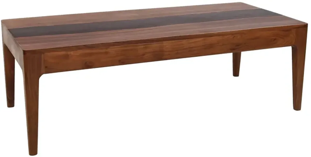 52 Inch Modern Coffee Table, Acacia Wood with Classic Block Legs, Brown-Benzara