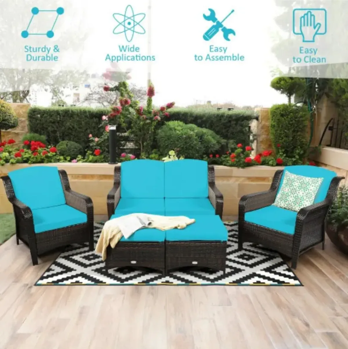 5 Pieces Patio Rattan Sofa Set with Cushion and Ottoman