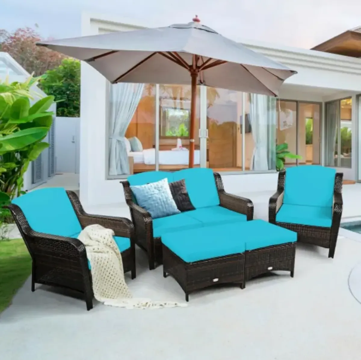 5 Pieces Patio Rattan Sofa Set with Cushion and Ottoman