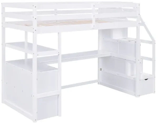 Whisen Twin Size Wood Loft Bed with Desk, Shelves, Two Built-in Drawers and Storage Staircase - Gray