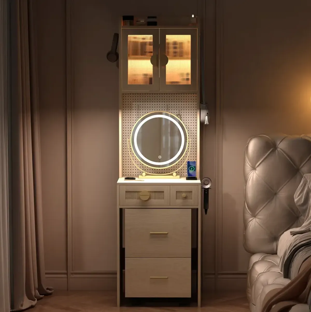 Small Vanity Desk with Mirror and LED Lights – Compact Makeup Table with Illuminated Mirror and Storage
