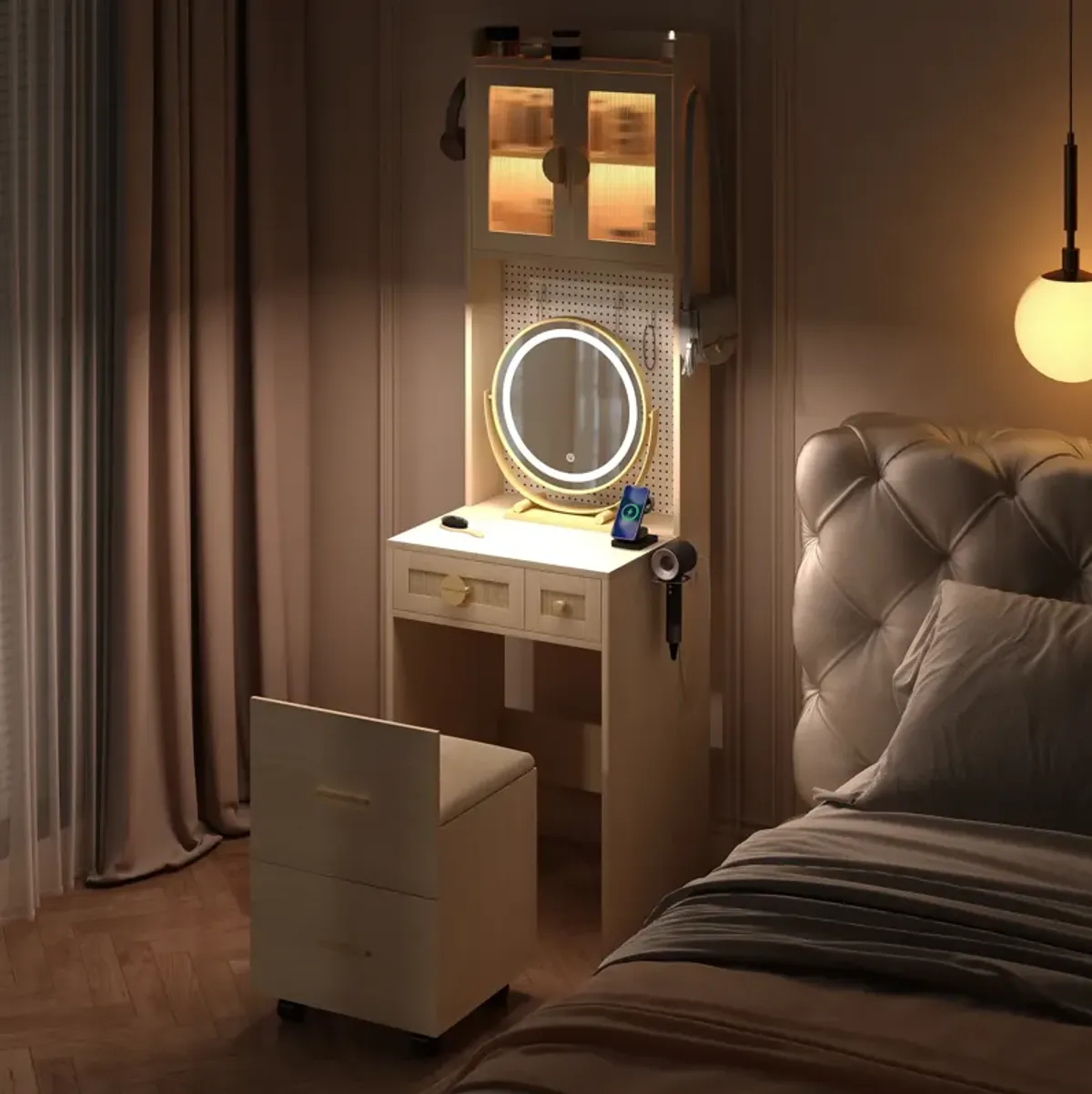 Small Vanity Desk with Mirror and LED Lights – Compact Makeup Table with Illuminated Mirror and Storage