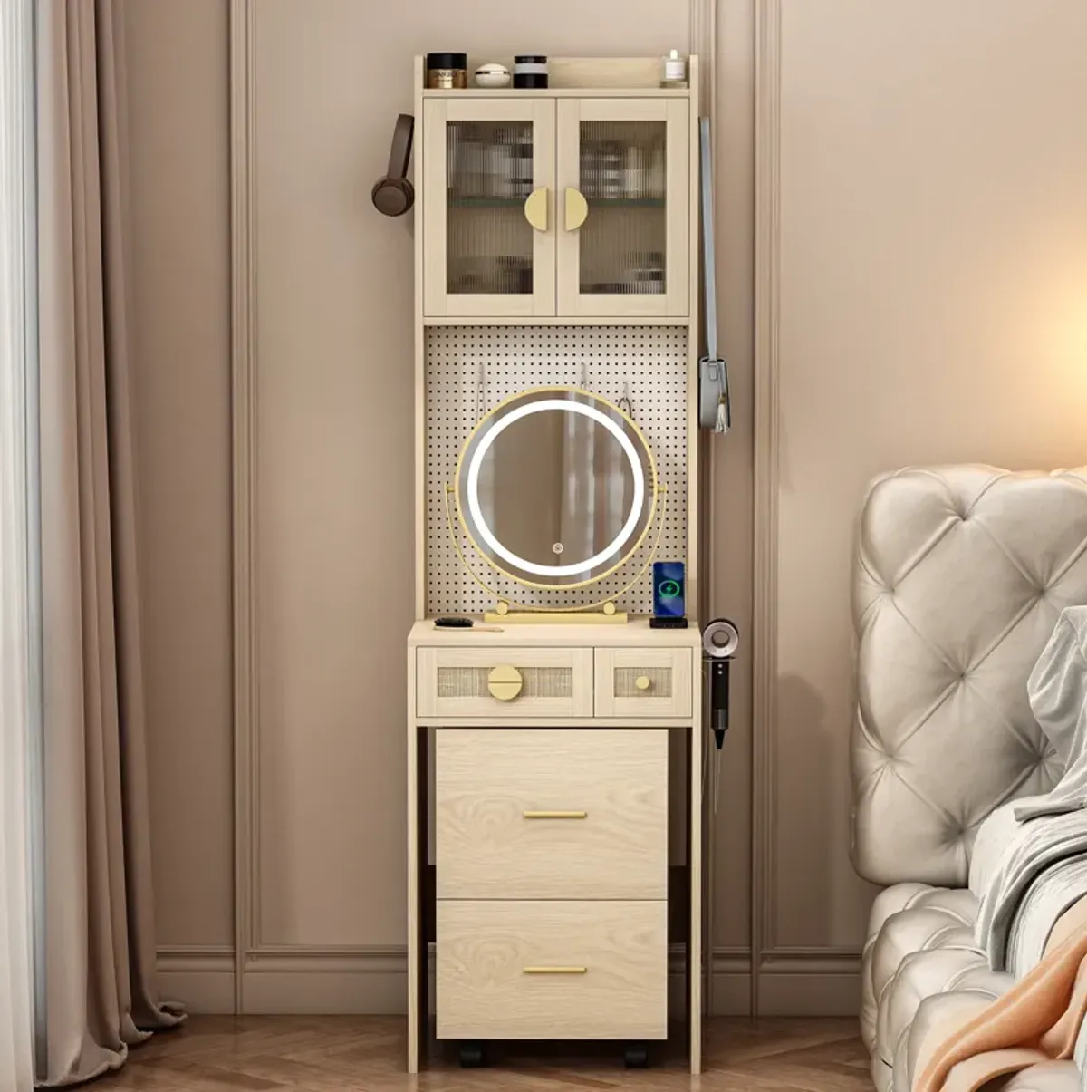 Small Vanity Desk with Mirror and LED Lights – Compact Makeup Table with Illuminated Mirror and Storage